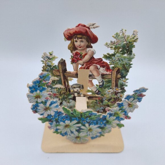 Vintage Pop Up Valentines Day Card Girl Flowers Puppy Decor Folding Standing - Picture 6 of 6